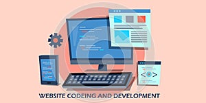 Flat design concept of website coding, programming, development.
