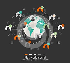 Flat design concept with world map and social network concept