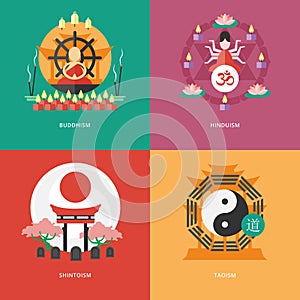 Flat design concepts for buddhism, hinduism, shintoism, taoism.
