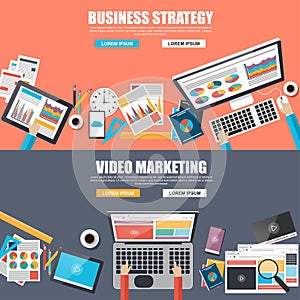 Flat design concepts for business strategy and video marketing