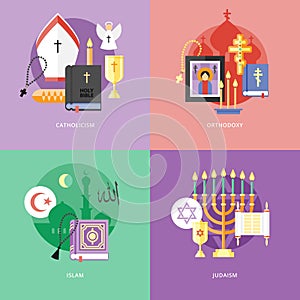 Flat design concepts for catholiism, orthodoxy, islam, judaism. photo