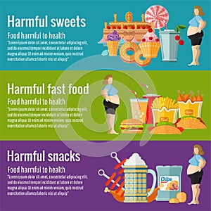 Flat design concepts for defferent harmful food and health care, harmful sweet, harmful snack, hamful fast food.