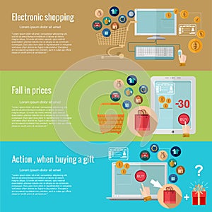 Flat design concepts for e-shopping.electronic shopping, fall in prices, action when buying a gift