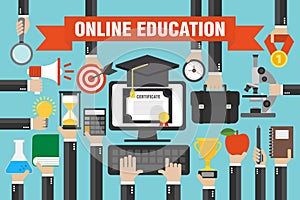 Flat design concepts online education, e-learning with computer