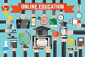 Flat design concepts online education, e-learning with laptop, smartphone