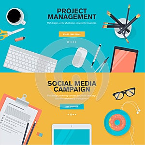 Flat design concepts for project management and social media campaign