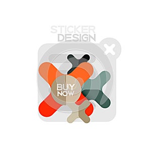 Flat design cross shape geometric sticker icon, paper style design with buy now sample text, for business or web