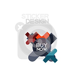 Flat design cross shape geometric sticker icon, paper style design with buy now sample text, for business or web