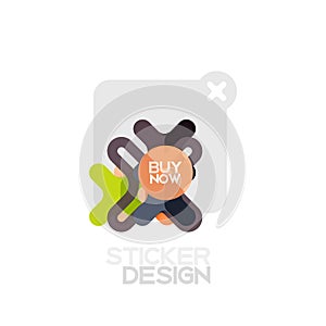 Flat design cross shape geometric sticker icon, paper style design with buy now sample text, for business or web