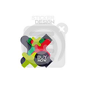 Flat design cross shape geometric sticker icon, paper style design with buy now sample text, for business or web