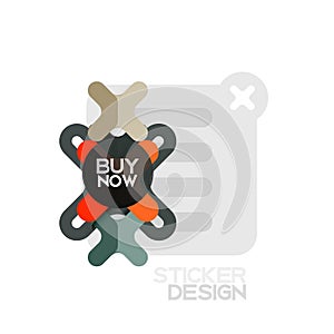 Flat design cross shape geometric sticker icon, paper style design with buy now sample text, for business or web