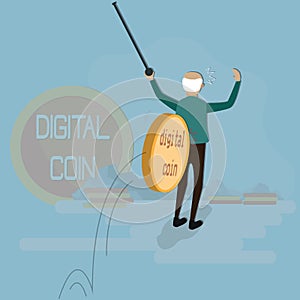 Flat design of cryptocurrency concept,The old man attacked by a digital coin - vector