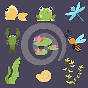 Flat design cute animals set. River life: fish, frog, dragonfly, crayfish, bee, water lily, shells