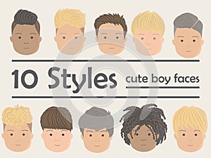 Flat design cute characters, diversity among people, various boy faces