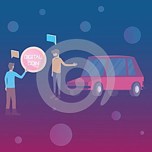 Flat design of digital assets,The young man selling his car in virtual world - vector photo