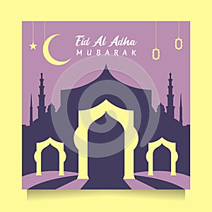 Flat design Eid al adha social media post greeting with modern purple color. Vector illustration islamic background with beautiful