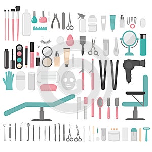 Flat design elements of cosmetology, hairdressing, makeup and manicure. Spa Tools and equipment set. Cosmetic Instrument isolated.