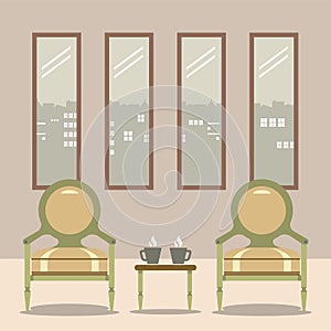 Flat Design Empty Chairs With Hot Coffee Cup On Table