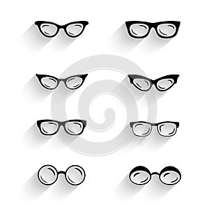 Flat design eyeglasses vector set with shadows