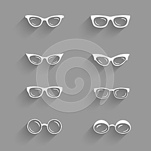 Flat design eyeglasses vector set with shadows. Retro, hipster s