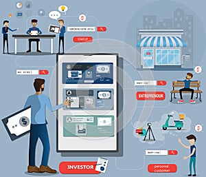 Flat design of financial application on smartphone, financial technology concept - vector