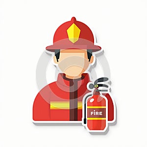 Flat design firefighter icon with red helmet jacket and fire extinguisher
