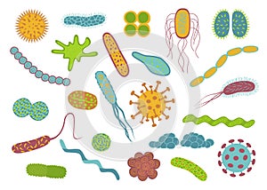 Flat design germs and bacteria icons set isolated on white back