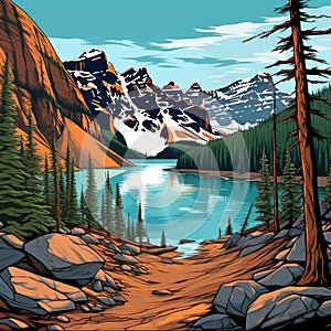Flat design graphic artwork of Moraine Lake rockpile trail viewpoint. Banff Canada