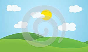 Flat design grass landscape with hills, clouds and glowing sun u