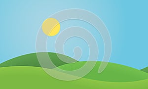 Flat design grass landscape with hills and glowing sun under blu