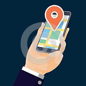Flat design-hand holding mobile with map and pin-vector illustration