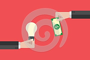 Flat design Hand holds money and hand holds light bulb. Buy idea, investing in innovation, modern technology business concept.