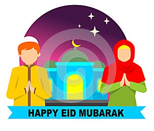 Flat design happy eid mubarak with two young muslims praying Vector