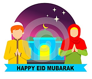 Flat design happy eid mubarak with two young muslims praying Vector photo