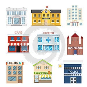 Flat design house buildings administrative religious commercial vector illustration