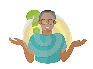 Flat design icon. Black handsome man in glasses doubts. Guy with a question mark. Simply editable isolated vector illustration