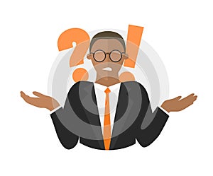 Flat design icon. Businessman doubts. Man with a question mark. Simply editable isolated vector illustration