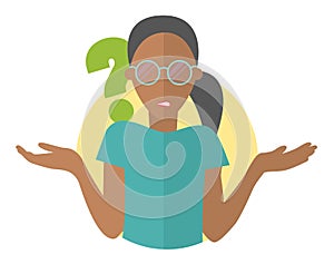 Flat design icon. Pretty black girl in glasses doubts. Woman with a question mark. Simply editable isolated vector illustration