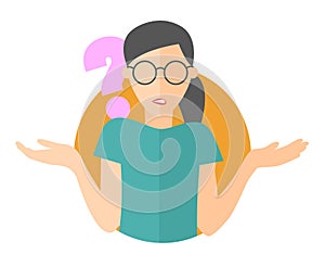 Flat design icon. Pretty girl in glasses doubts. Woman with a question mark. Simply editable isolated vector illustration