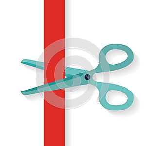 Flat design icon scissors cutting red vertical ribbon.