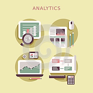 Flat design icon set of analytics elements