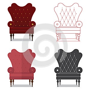 Flat design icon set of classic chair in marsala color.