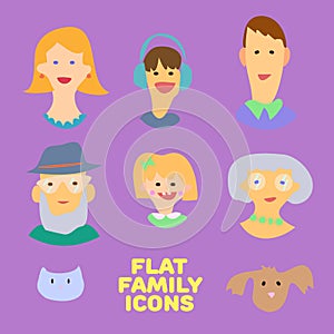 Flat design icons collection of family members avatars: mom, dad, son, daughter, grandmother, grandfather, dog and cat. Vector col