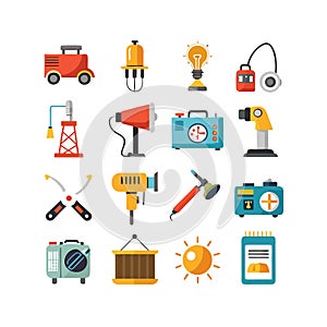 Flat design icons of construction equipment and tools set