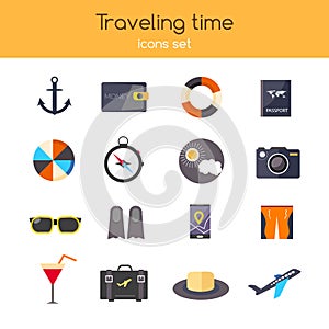 Flat design. icons set of planning a summer vacation travelling, holidays, journey, tourism, travel objects, passenger