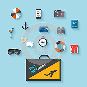 Flat design icons. Set of traveling on airplane, planning a summer vacation, tourism, journey objects, passenger luggage