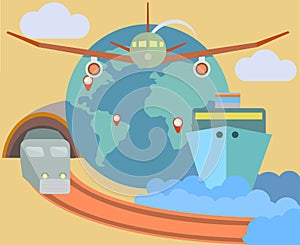 Flat design icons set of traveling on airplane, sh