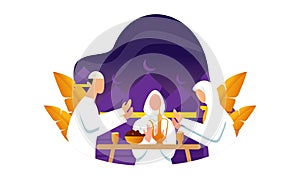 Flat Design Iftar Eating After Fasting feast party concept. Muslim family dinner on Ramadan Kareem