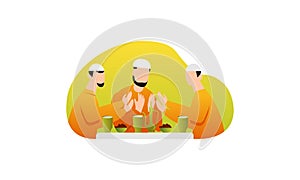 Flat Design Iftar Eating After Fasting feast party concept. Muslim family dinner on Ramadan Kareem