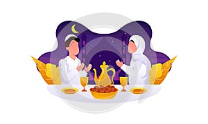 Flat Design Iftar Eating After Fasting feast party concept. Muslim family dinner on Ramadan Kareem